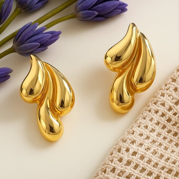 ๐๏ธ18K Gold Plated Stainless Steel Drop Earrings - Unique Teardrop Trendy Design - Picture 1 of 11